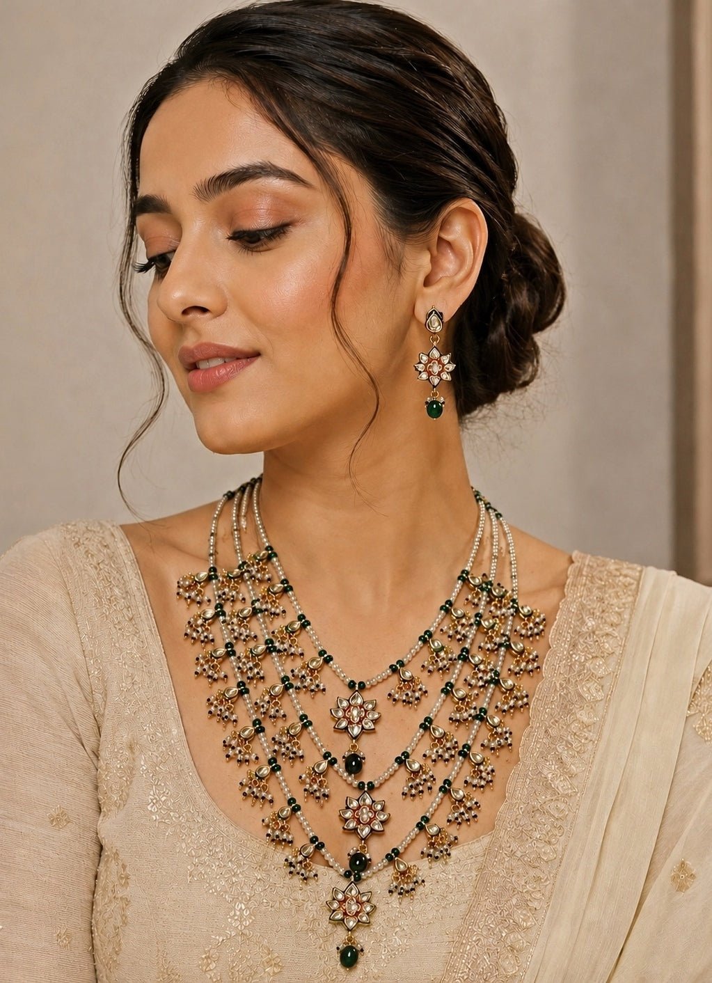 Vivinia by Vidhi Mehra Multi Layer Kundan &amp; Emerald Beaded Necklace SetFabilicious Fashion