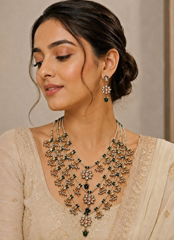 Vivinia by Vidhi Mehra Multi Layer Kundan &amp; Emerald Beaded Necklace SetFabilicious Fashion