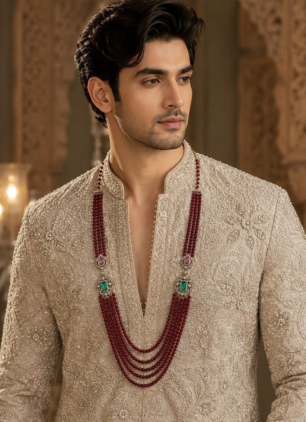 Vivinia By Vidhi Mehra Multi Layer Ruby Red Beaded Kundan Groom MalaFabilicious Fashion
