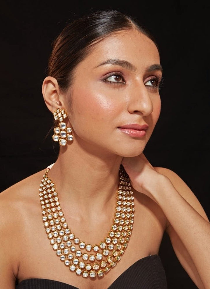 Multi Layered Gold Plated Kundan Necklace Set Vivinia by Vidhi Mehra - Fabilicious Fashion