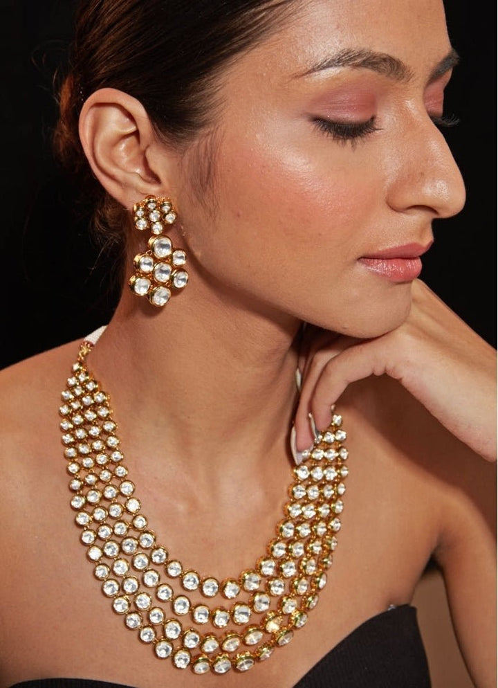 Multi Layered Gold Plated Kundan Necklace Set Vivinia by Vidhi Mehra - Fabilicious Fashion
