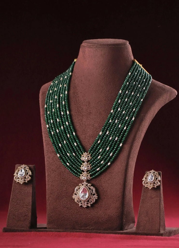 Mr Jewels Multi Layered Gold Plated Polki And Green Beaded Necklace SetFabilicious Fashion