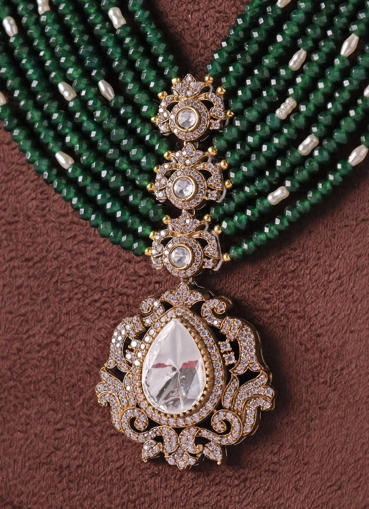 Mr Jewels Multi Layered Gold Plated Polki And Green Beaded Necklace SetFabilicious Fashion