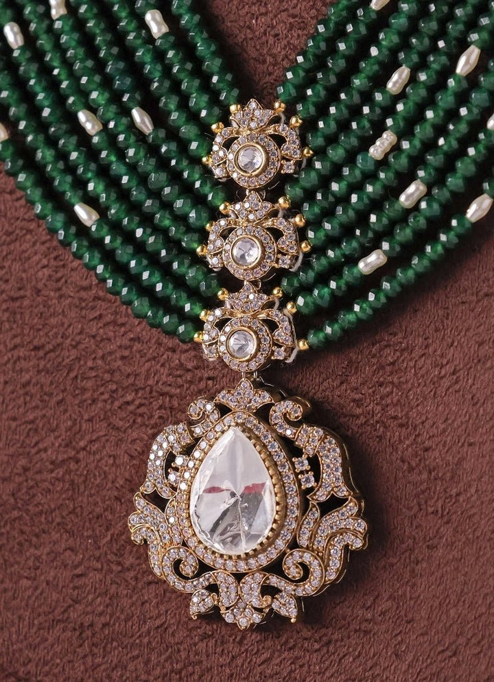 Mr Jewels Multi Layered Gold Plated Polki And Green Beaded Necklace SetFabilicious Fashion