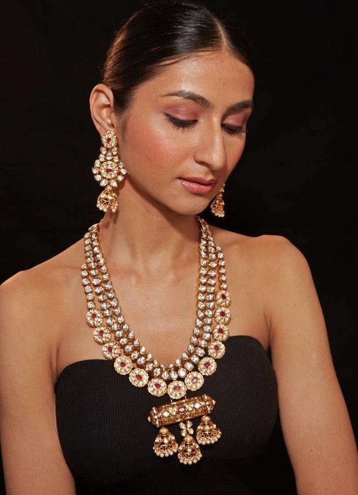 Multi Layered Gold Plated Red Stone Long Necklace Set Vivinia by Vidhi Mehra - Fabilicious Fashion