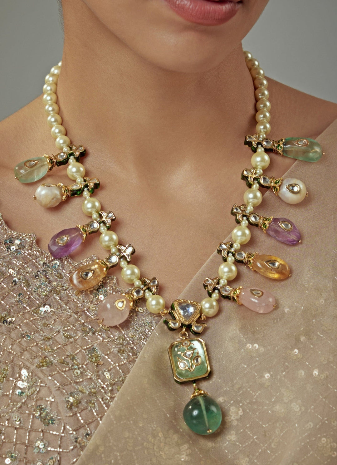 Multi Pastel Beaded Pearl Short Necklace Vivinia by Vidhi Mehra - Fabilicious Fashion