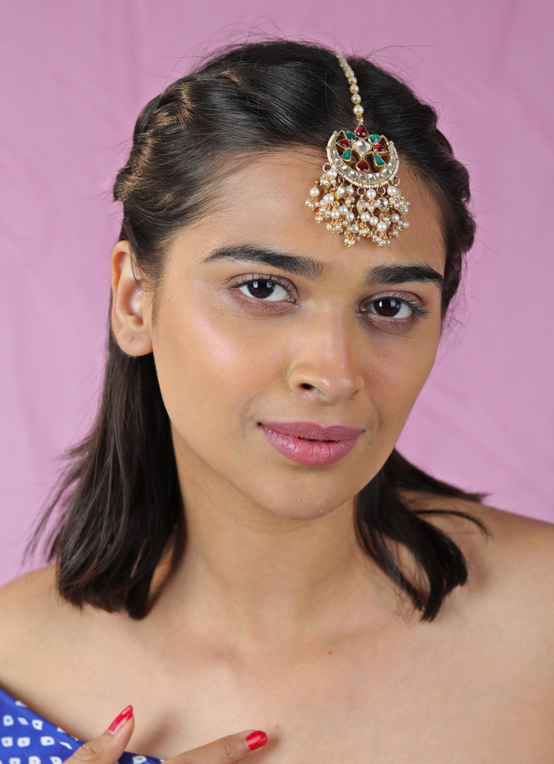 Multi Stone Chand Shape Maang Tikka Riana by Shikha Jindal - Fabilicious Fashion