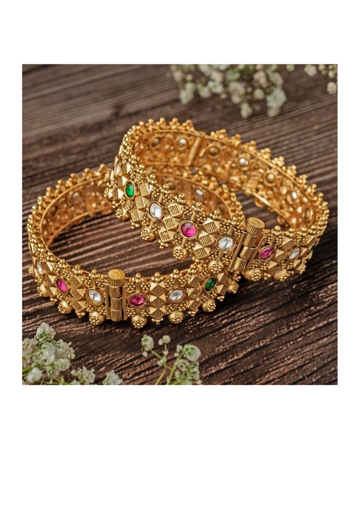 Multi Stone Temple Gold Plated Bangles Vivinia by Vidhi Mehra - Fabilicious Fashion