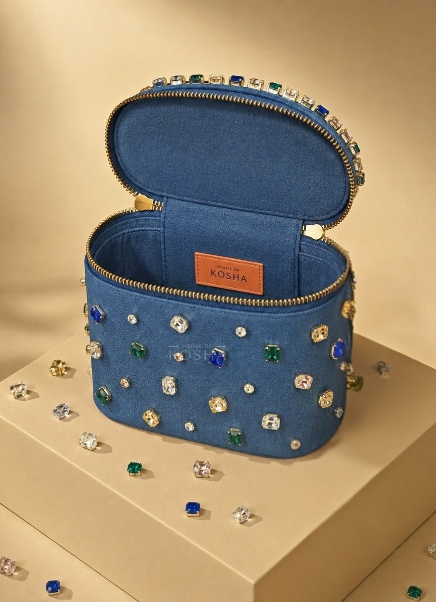 House of Kosha Multicolor Denim Embellished Vanity BagFabilicious Fashion
