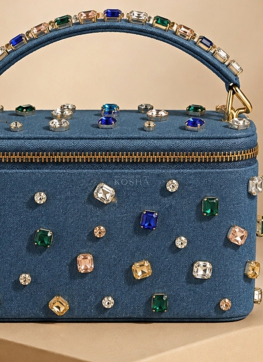 House of Kosha Multicolor Denim Embellished Vanity BagFabilicious Fashion