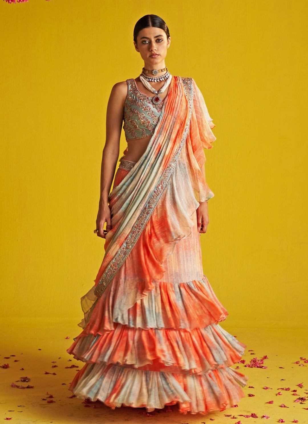 Multicolor Embroidered Georgette Ruffle Saree Studio Bagechaa - Fabilicious Fashion