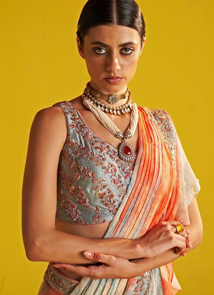Multicolor Embroidered Georgette Ruffle Saree Studio Bagechaa - Fabilicious Fashion
