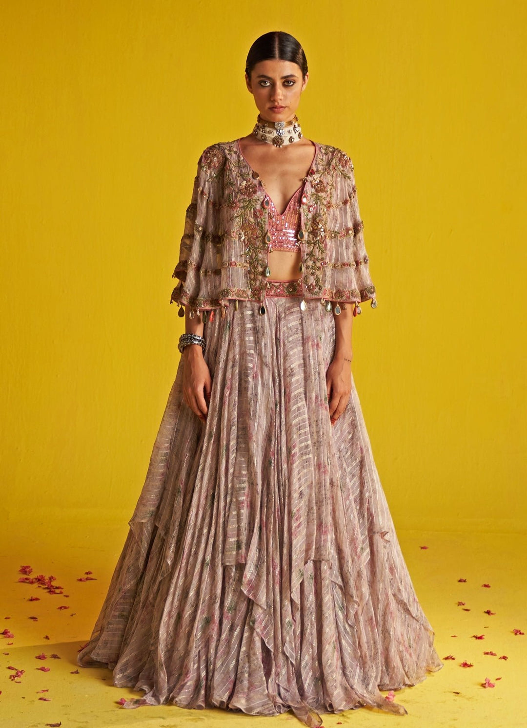 Multicolor Embroidered Organza Lehenga Set With Cape Studio Bagechaa - Fabilicious Fashion