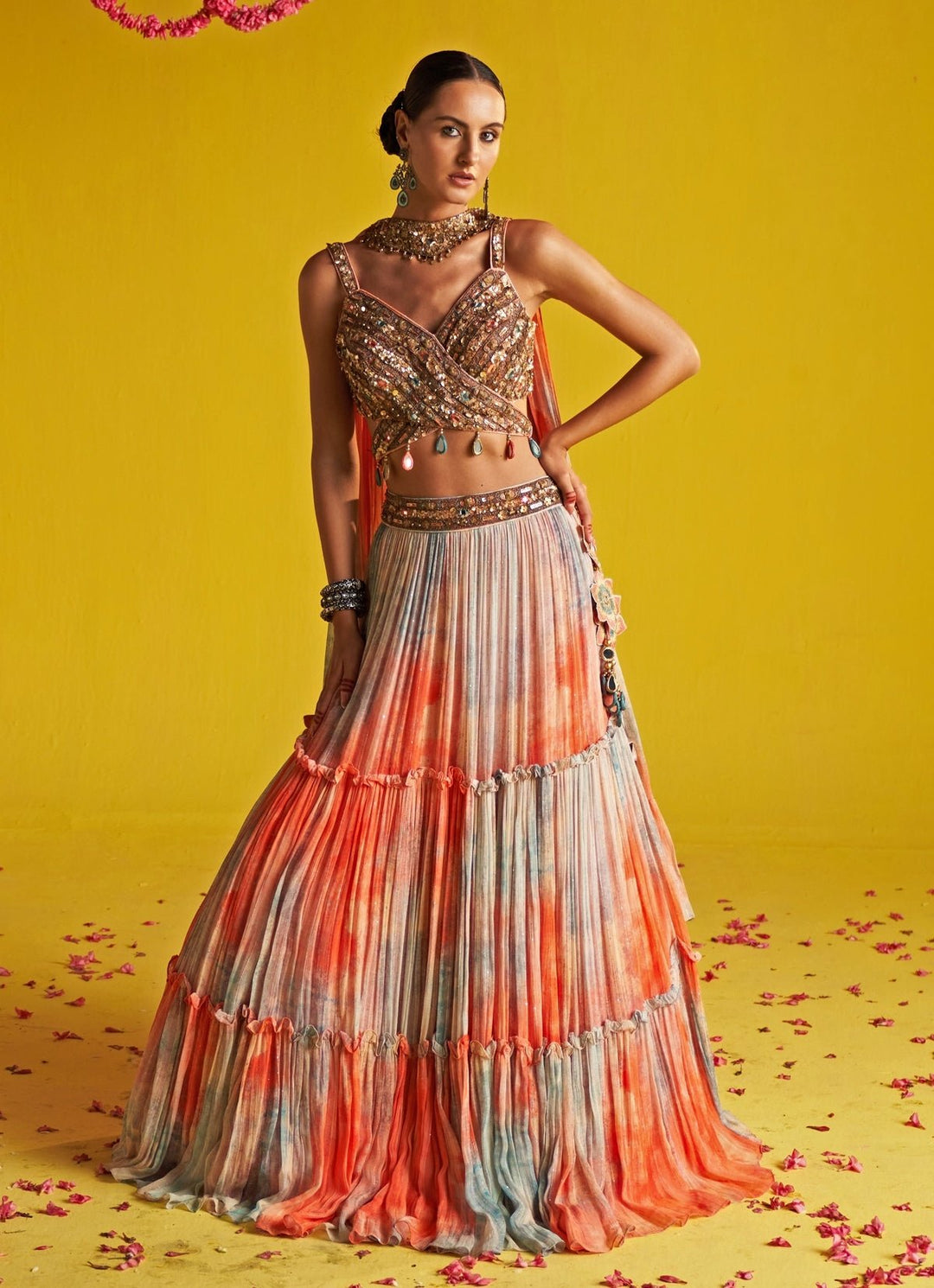 Multicolor Embroidered Tiered Lehenga Set Studio Bagechaa - Fabilicious Fashion
