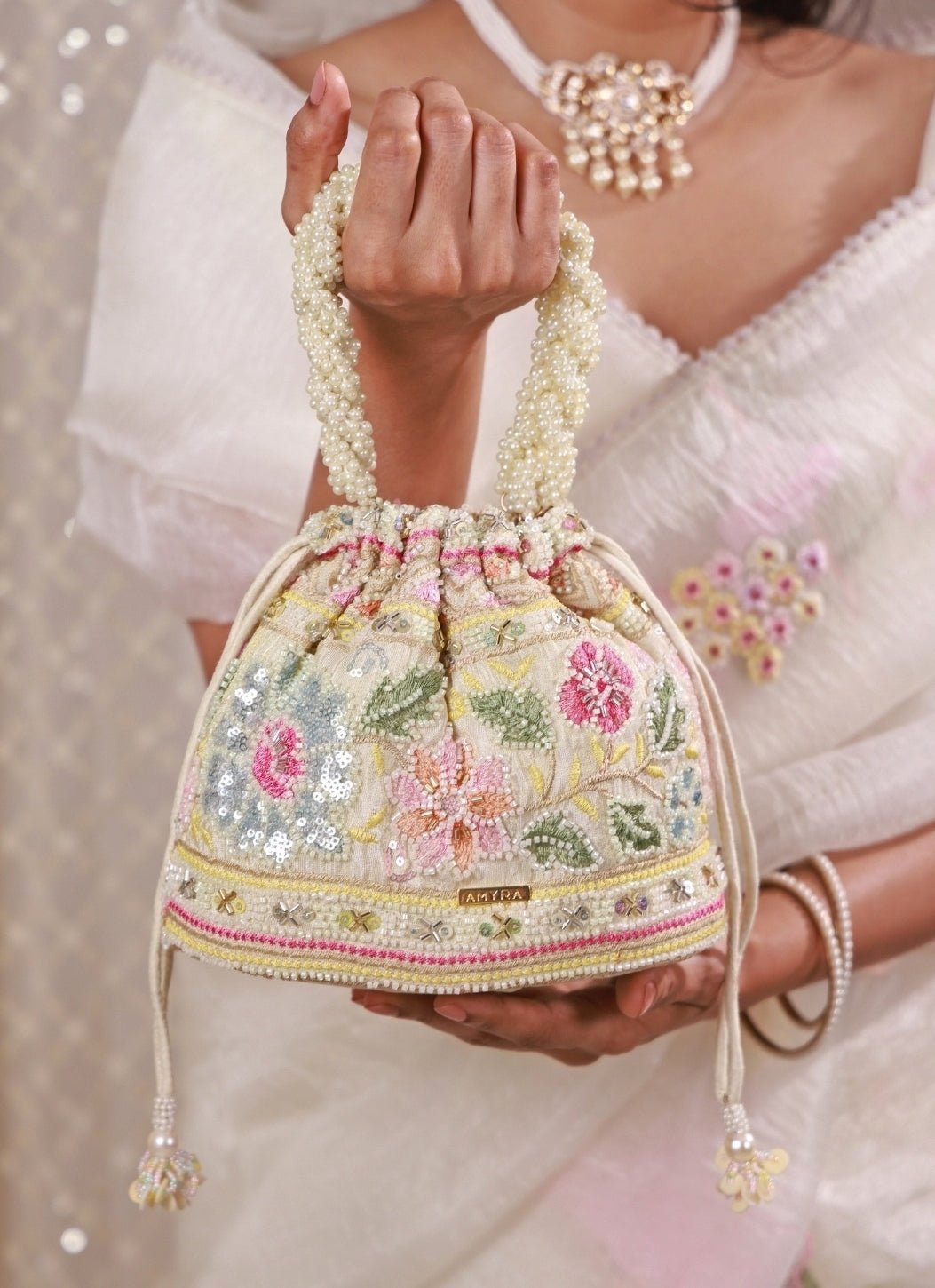 Amyra Multicolor Floral Embroidered Silk Bucket BagFabilicious Fashion
