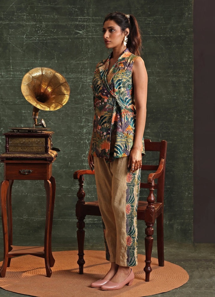Multicolor Floral Printed Chanderi Blazer With Pant Soup By Sougat Paul - Fabilicious Fashion