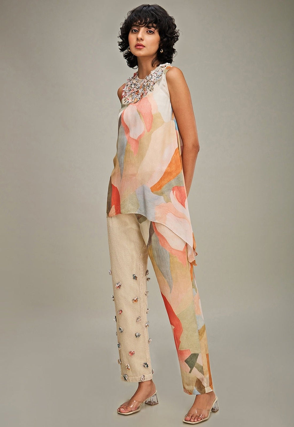 Multicolor Floral Printed Linen Top And Pant Set Soup By Sougat Paul - Fabilicious Fashion
