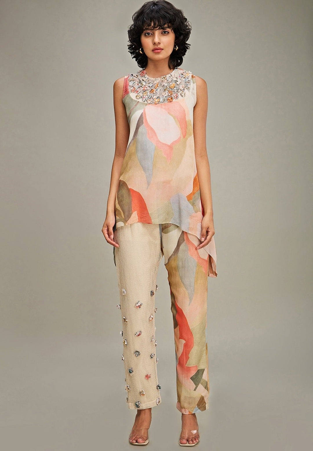 Multicolor Floral Printed Linen Top And Pant Set Soup By Sougat Paul - Fabilicious Fashion