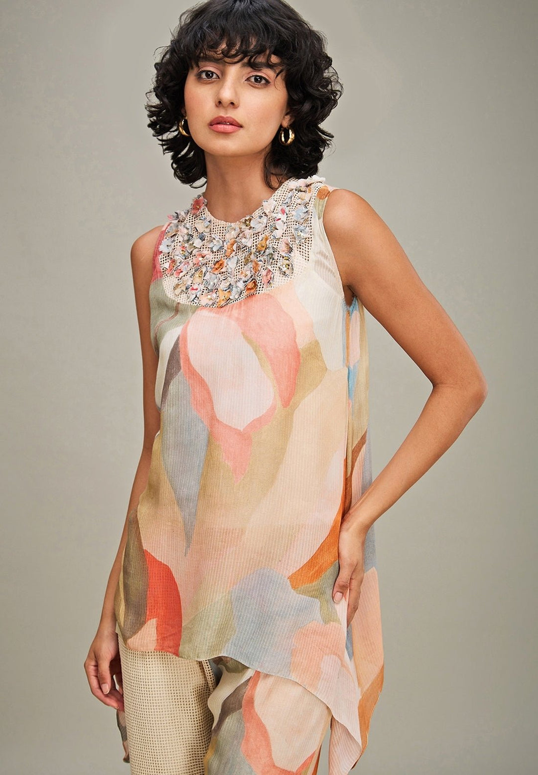 Multicolor Floral Printed Linen Top And Pant Set Soup By Sougat Paul - Fabilicious Fashion