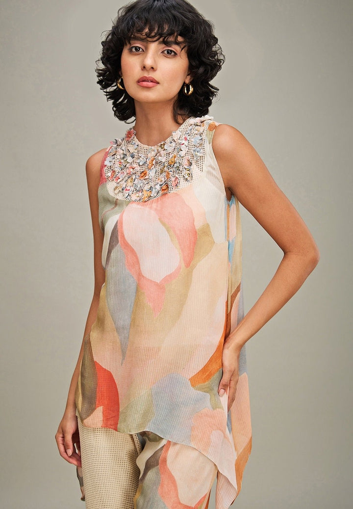 Multicolor Floral Printed Linen Top And Pant Set Soup By Sougat Paul - Fabilicious Fashion