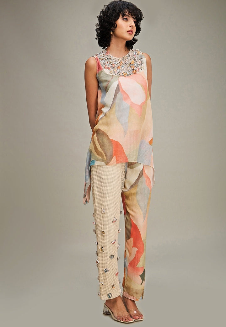 Multicolor Floral Printed Linen Top And Pant Set Soup By Sougat Paul - Fabilicious Fashion