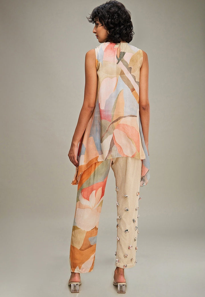 Multicolor Floral Printed Linen Top And Pant Set Soup By Sougat Paul - Fabilicious Fashion