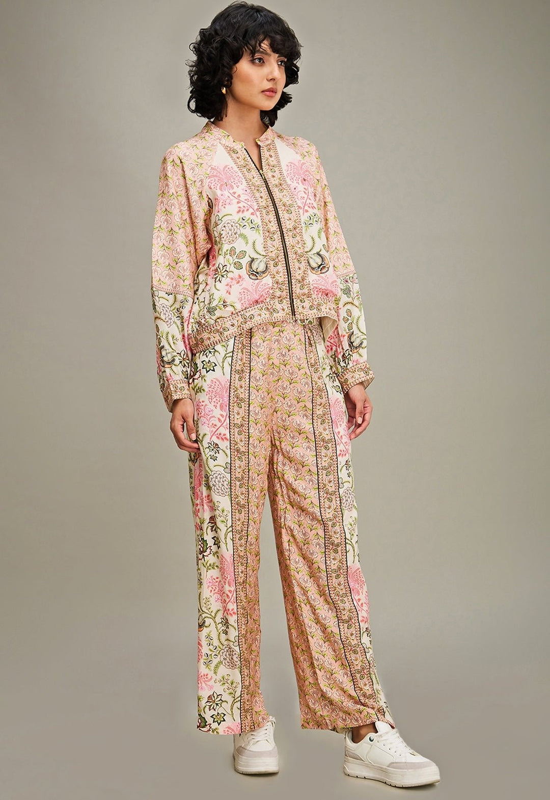 Multicolor Floral Printed Pant Set With Bomber Jacket Soup By Sougat Paul - Fabilicious Fashion