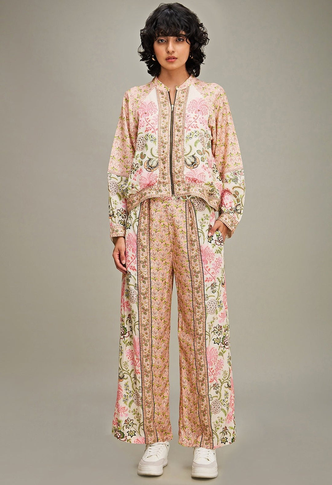 Multicolor Floral Printed Pant Set With Bomber Jacket Soup By Sougat Paul - Fabilicious Fashion