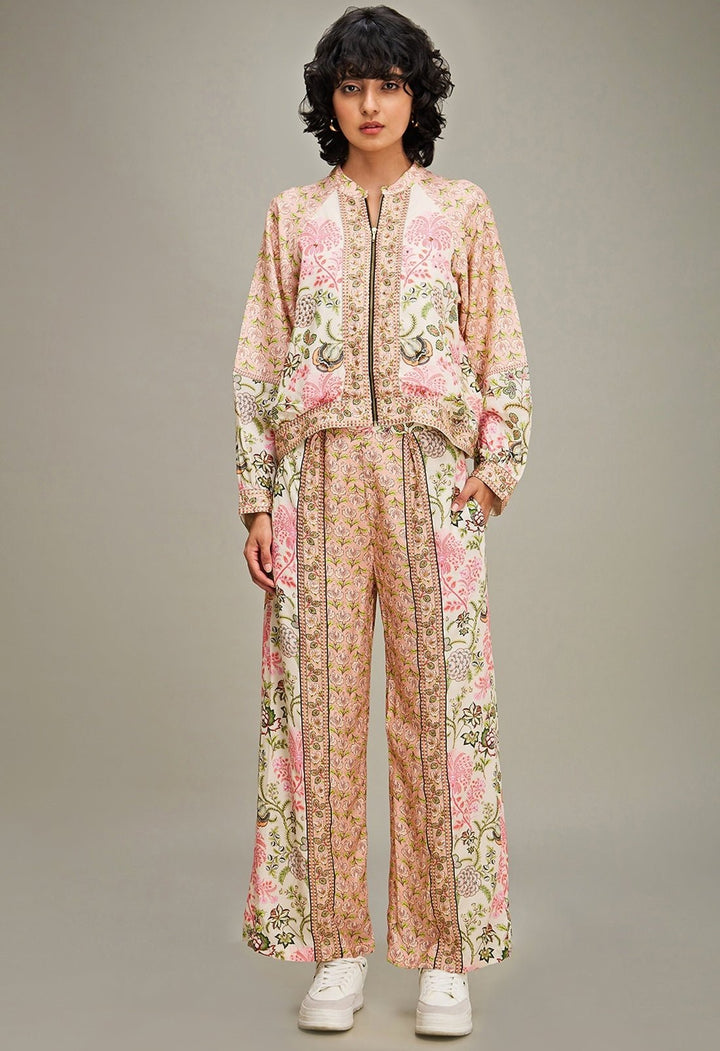 Multicolor Floral Printed Pant Set With Bomber Jacket Soup By Sougat Paul - Fabilicious Fashion