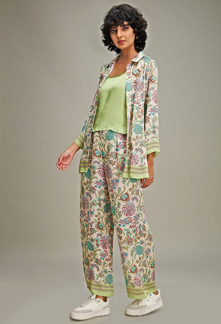 Multicolor Floral Printed Satin Pant Set With Jacket Soup By Sougat Paul - Fabilicious Fashion