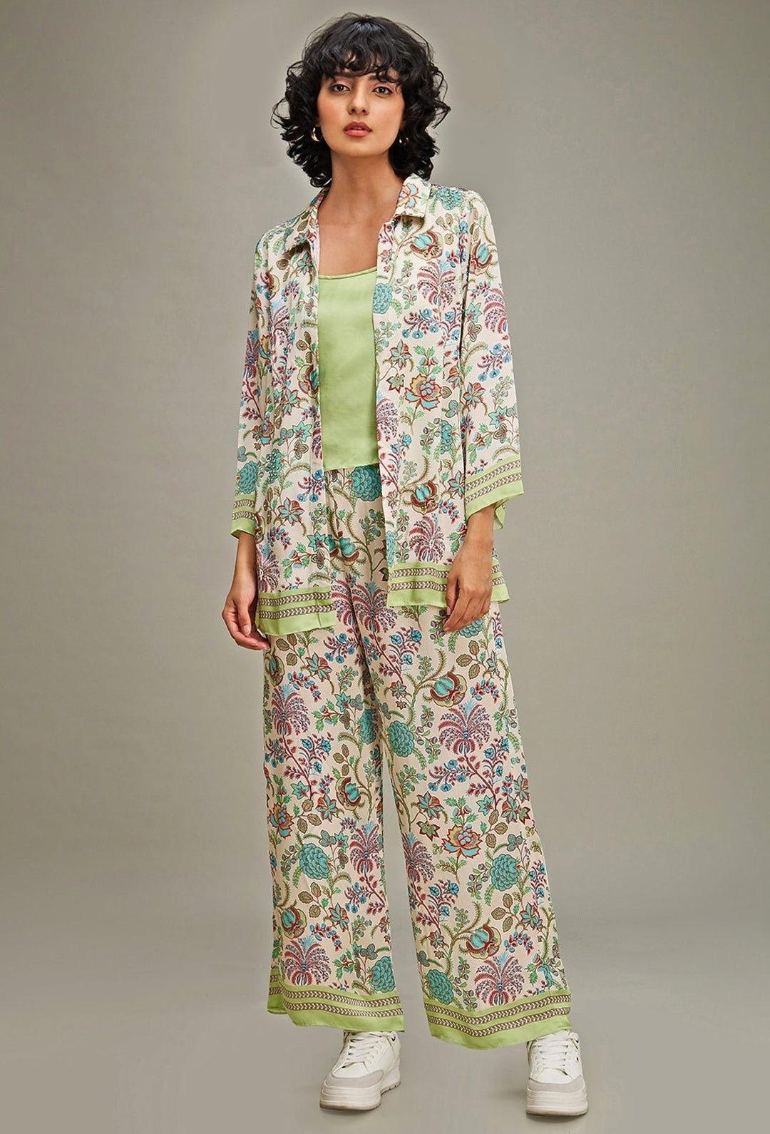Multicolor Floral Printed Satin Pant Set With Jacket Soup By Sougat Paul - Fabilicious Fashion