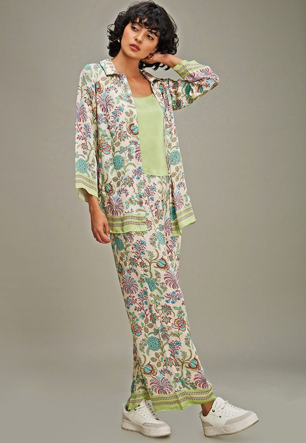 Multicolor Floral Printed Satin Pant Set With Jacket Soup By Sougat Paul - Fabilicious Fashion