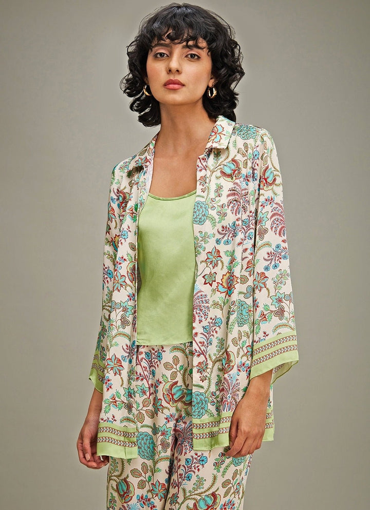Multicolor Floral Printed Satin Pant Set With Jacket Soup By Sougat Paul - Fabilicious Fashion