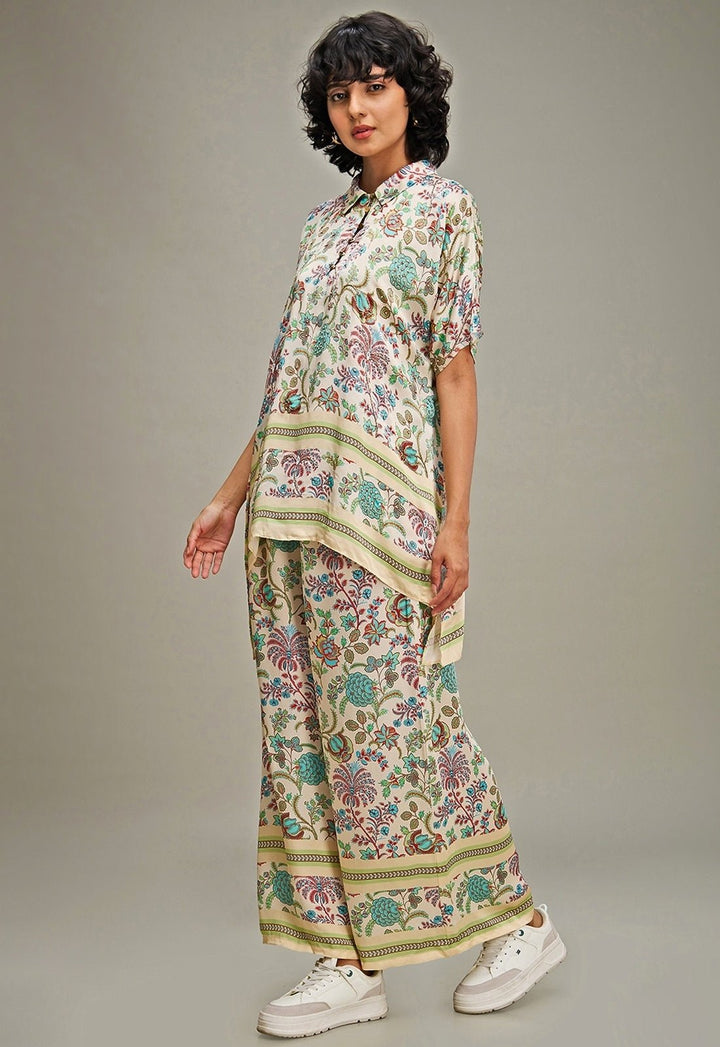 Multicolor Floral Printed Satin Top And Pant Set Soup By Sougat Paul - Fabilicious Fashion