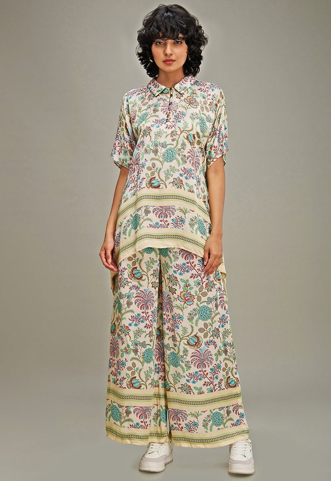 Multicolor Floral Printed Satin Top And Pant Set Soup By Sougat Paul - Fabilicious Fashion