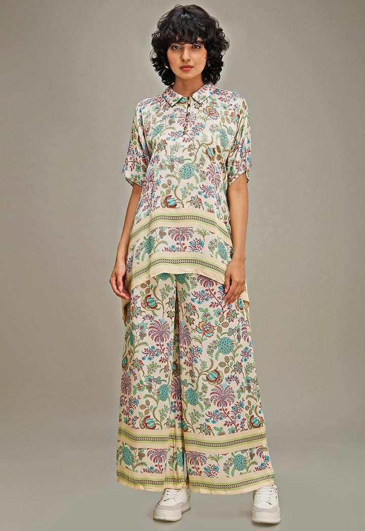 Multicolor Floral Printed Satin Top And Pant Set Soup By Sougat Paul - Fabilicious Fashion