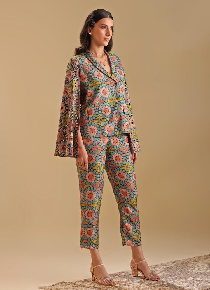 Multicolor Floral Printed Silk Blazer With Pant Soup By Sougat Paul - Fabilicious Fashion