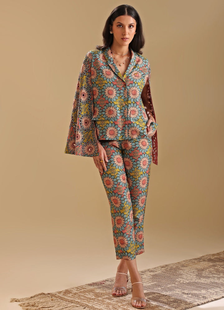 Multicolor Floral Printed Silk Blazer With Pant Soup By Sougat Paul - Fabilicious Fashion
