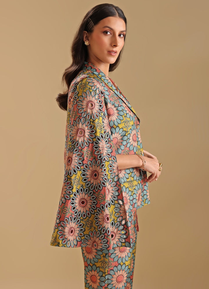 Multicolor Floral Printed Silk Blazer With Pant Soup By Sougat Paul - Fabilicious Fashion
