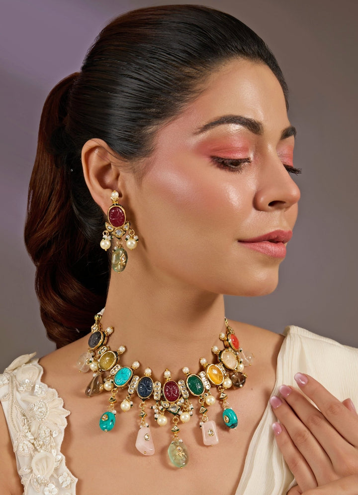 Multicolor Gemstone Choker Necklace Set Vivinia By Vidhi Mehra - Fabilicious Fashion