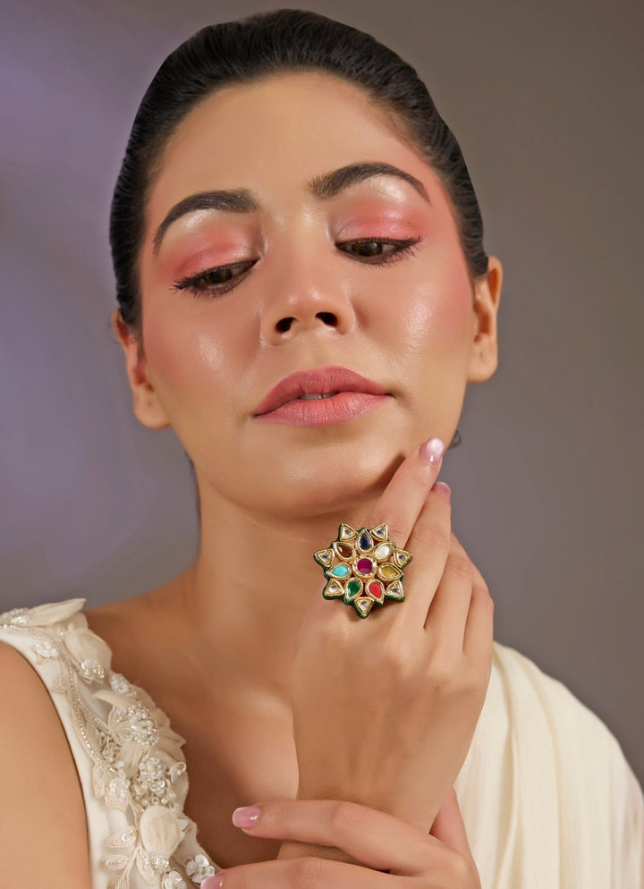 Multicolor Kundan Statement Ring Vivinia By Vidhi Mehra - Fabilicious Fashion