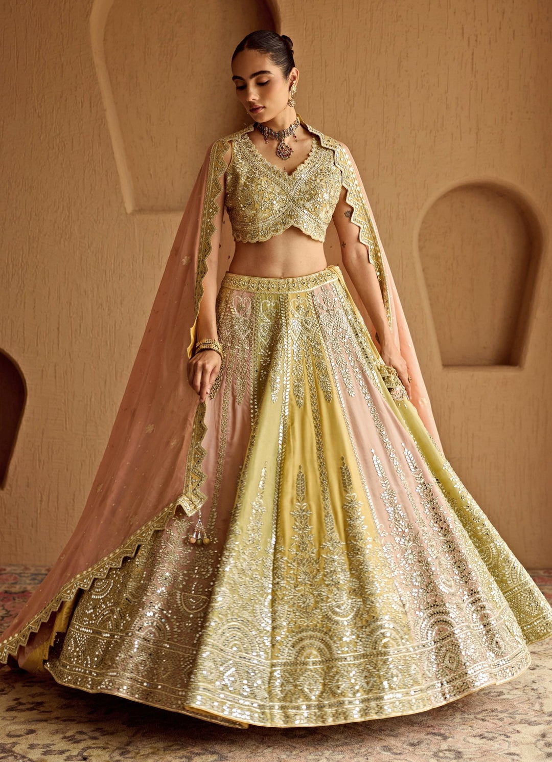 Multicolor Mirror Embroidered Tissue Lehenga Suhino - Fabilicious Fashion
