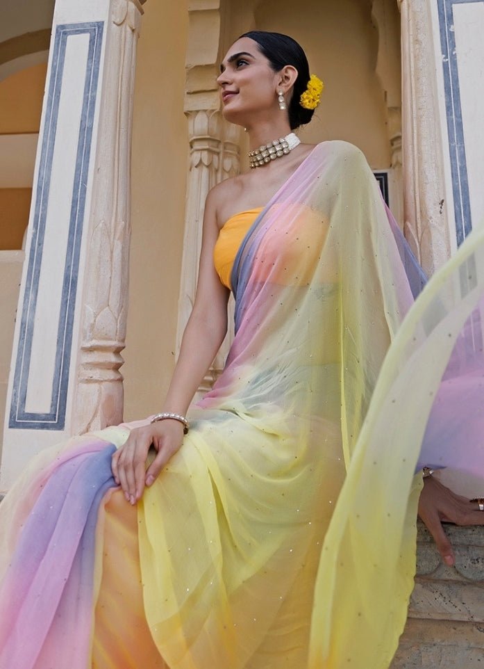 Geroo Jaipur Multicolor Shaded Chiffon Pre - Draped SareeFabilicious Fashion