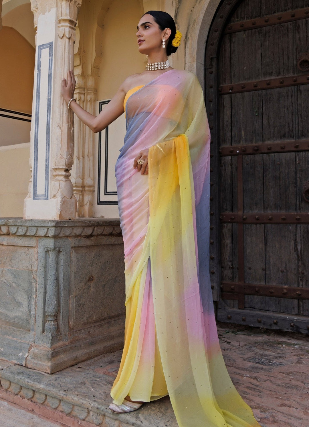 Geroo Jaipur Multicolor Shaded Chiffon Pre - Draped SareeFabilicious Fashion