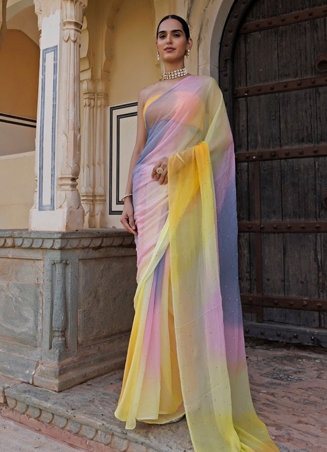 Geroo Jaipur Multicolor Shaded Chiffon Pre - Draped SareeFabilicious Fashion