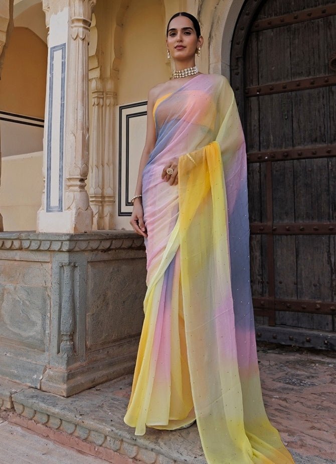Geroo Jaipur Multicolor Shaded Chiffon Pre - Draped SareeFabilicious Fashion