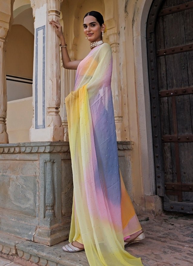 Geroo Jaipur Multicolor Shaded Chiffon Pre - Draped SareeFabilicious Fashion