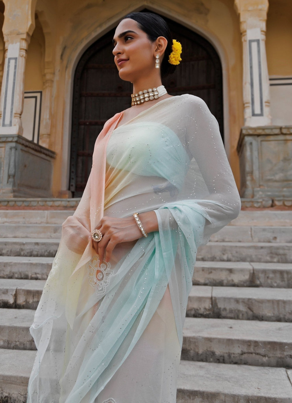 Multicolor Shaded Hand Embroidered Chiffon Saree Geroo Jaipur - Fabilicious Fashion