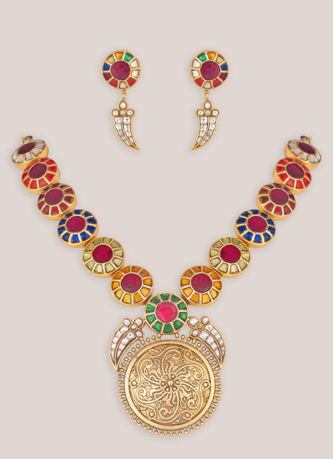 Zevar by Geeta Multicolor Stone And Gold Finish Polki Necklace SetFabilicious Fashion