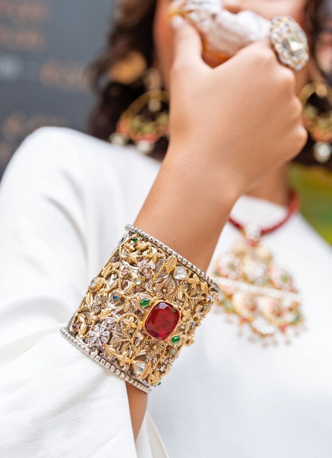 Multicolor Stones Gold Plated Cuff Bracelet Zevar by Geeta - Fabilicious Fashion